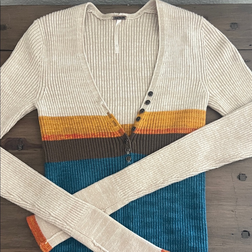 Free People Beige Multi Ribbed V-Neck Colorblock Sweater